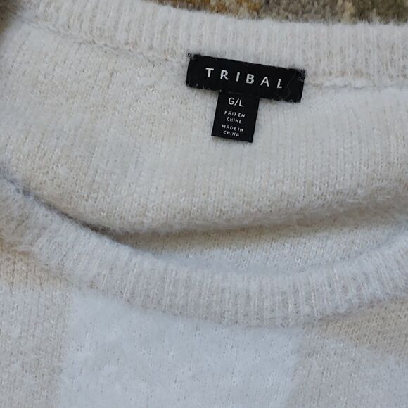 Tribal Buffalo Check Fuzzy Sweater Cream & Beige Pullover Size L - Picture 2 of 9